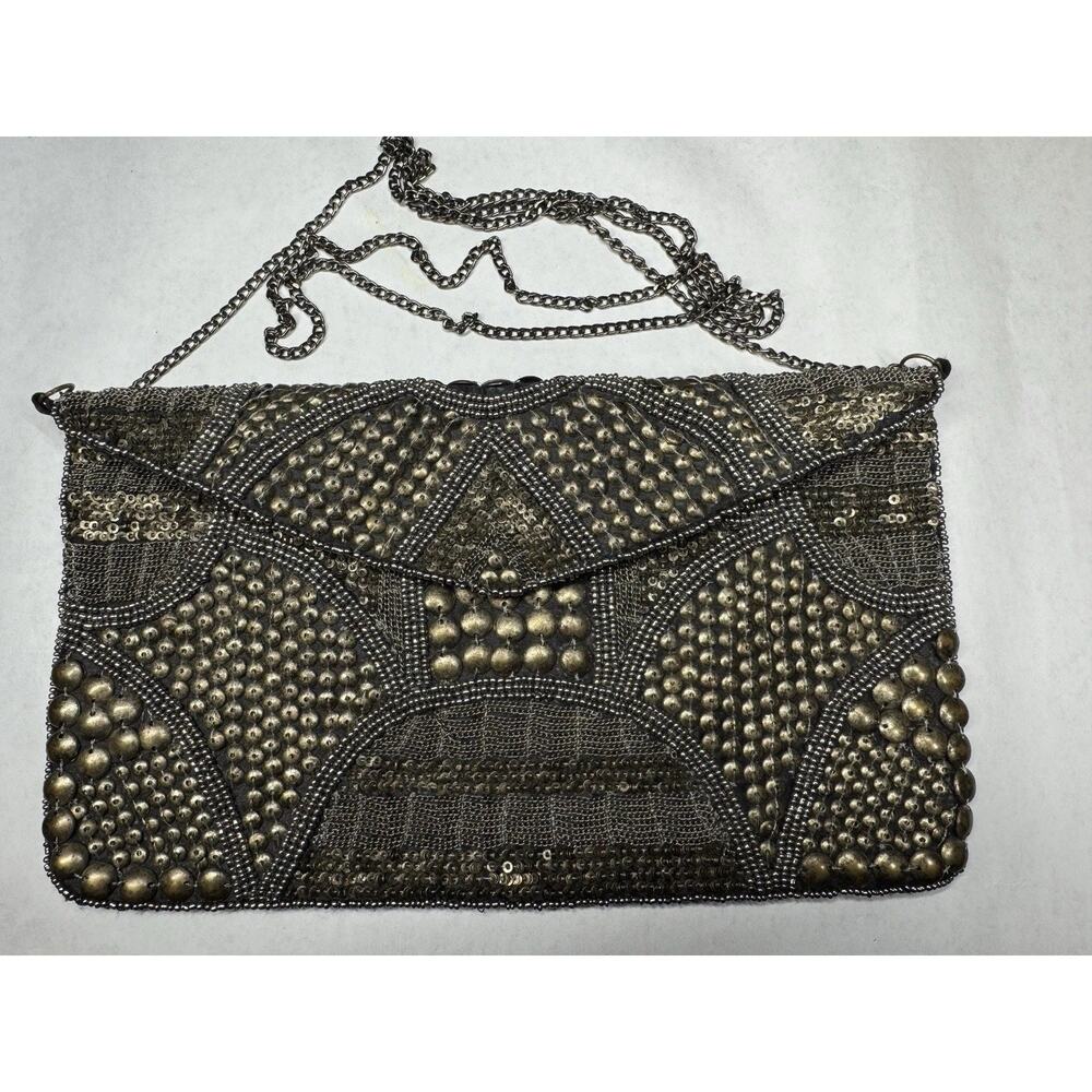 Beaded Evening‎ Clutch Bronze Studded Chain Strap Art Deco Style India